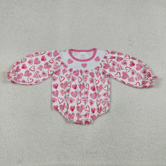 LR2767 Embroidered Valentine's Day Love Pink White Long-Sleeved Girls Bubble Romper 202512 RTS