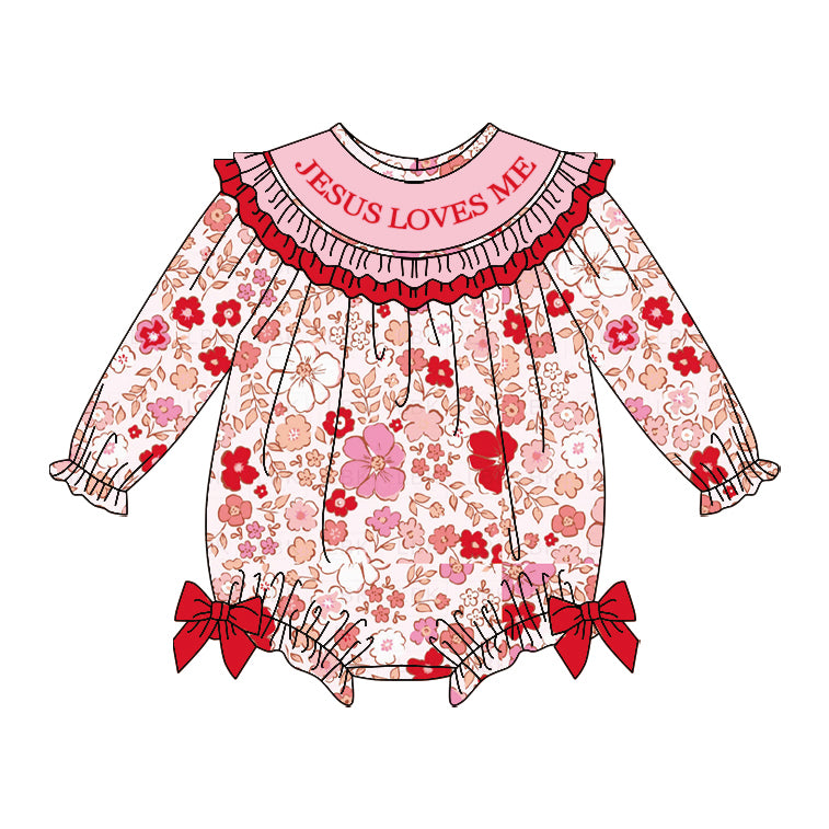 MOQ 8 Preorder LR2769 Valentine's Day Jesus Love Me Red Pink Ruffle Long-Sleeved Girls Bubble Romper 202510