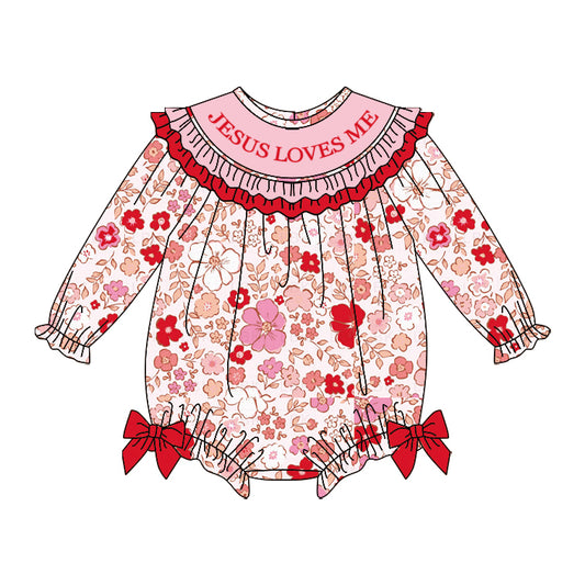 MOQ 8 Preorder LR2769 Valentine's Day Jesus Love Me Red Pink Ruffle Long-Sleeved Girls Bubble Romper 202510