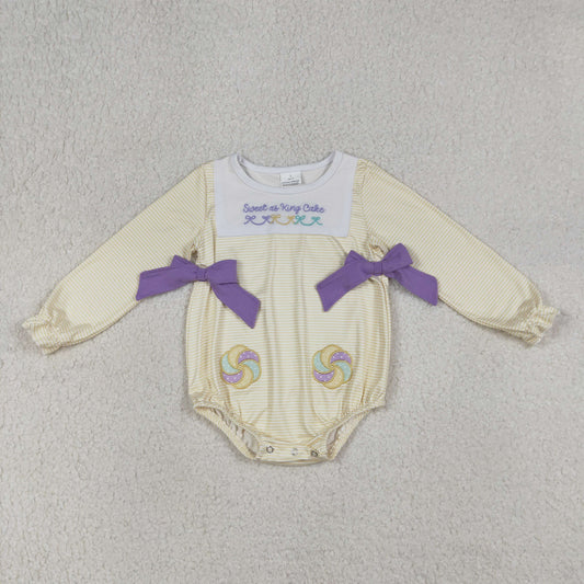 LR2770 Embroidered Mardi Gras Yellow Green Stripe Purple Bows Long-Sleeved Girls Bubble Romper 202601 RTS