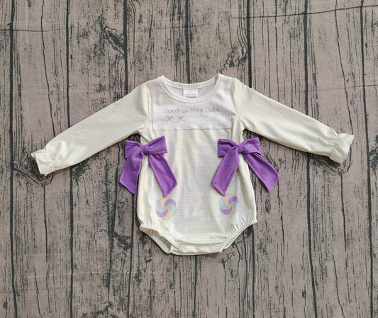 NO MOQ Preorder LR2770 Mardi Gras Yellow Green Stripe Purple Bows Long-Sleeved Girls Bubble Romper 202511
