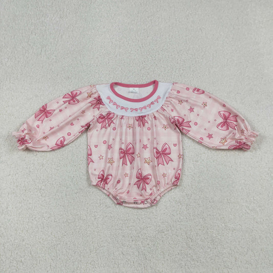 LR2771 Embroidered Valentine's Day Bubbles Bows Star Pink Long-Sleeved Girls Bubble Romper 202512 RTS