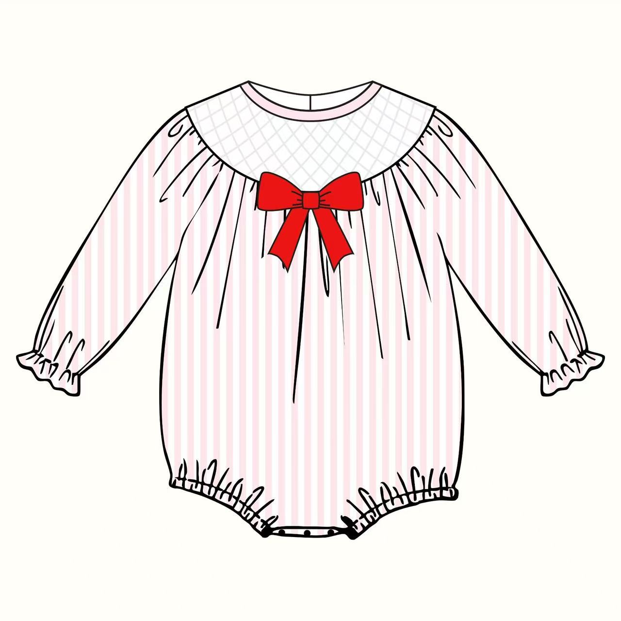 MOQ 8 Preorder LR2773 Valentine's Day Pink Stripe Red Bow Long-Sleeved Girls Bubble Romper 202510