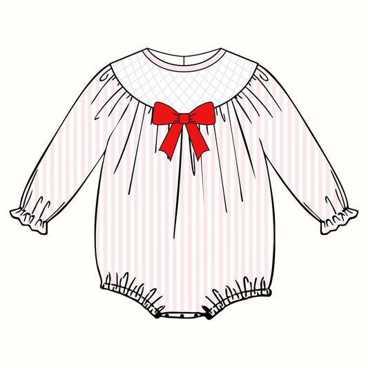 MOQ 8 Preorder LR2773 Valentine's Day Pink Stripe Red Bow Long-Sleeved Girls Bubble Romper 202510