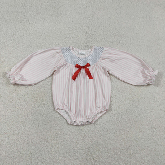 LR2773 Embroidered Valentine's Day Pink Stripe Red Bow Long-Sleeved Girls Bubble Romper 202512 RTS