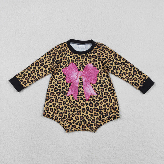 LR2775 Pink Bow Leopard Long-Sleeved Girls Bubble Romper 202511 RTS