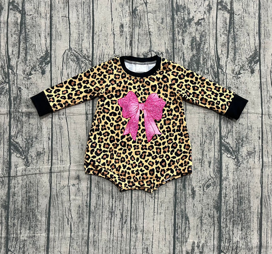 MOQ 5 Preorder LR2775 Pink Bow Leopard Long-Sleeved Girls Bubble Romper 202510