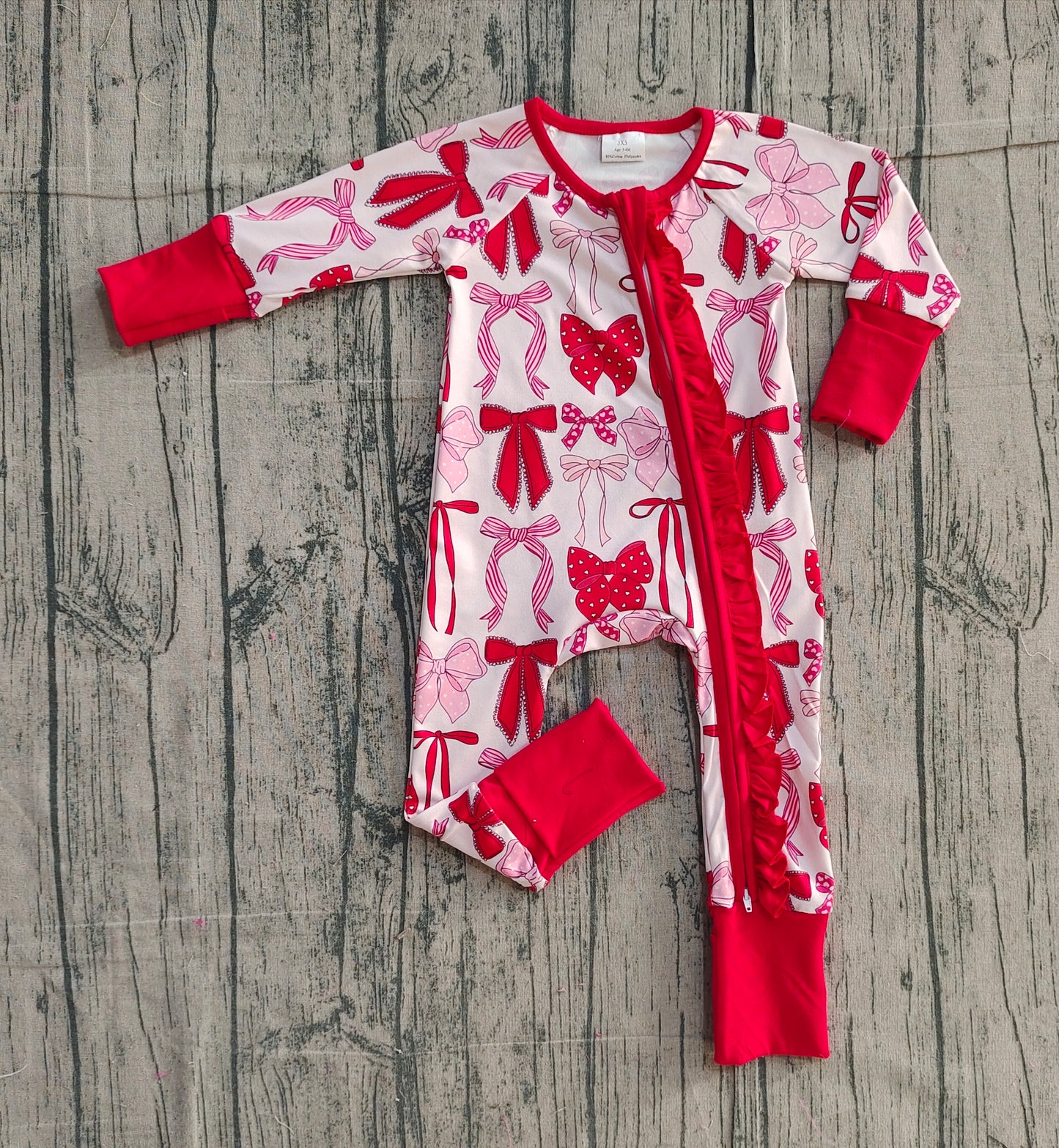 LR2780 Valentine's Day Bows Red Ruffle Long-Sleeved Girls Romper 202512 RTS
