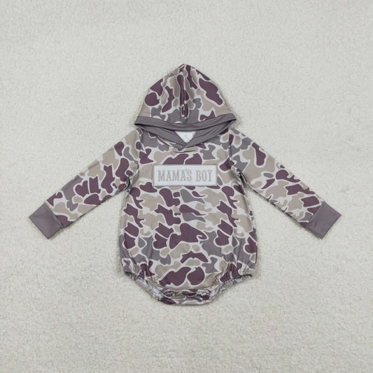 LR2792 Embroidered MAMA'S BOY Gray Green Camouflage Hooded Long-Sleeved Boys Bubble Romper 202511 RTS