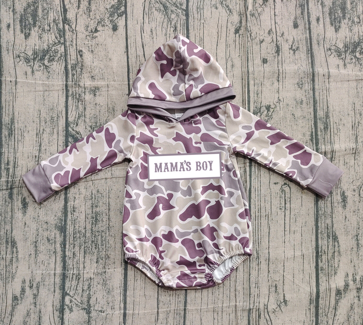 NO MOQ preorder LR2792 Embroidered MAMA'S BOY Gray Green Camouflage Hooded Long-Sleeved Boys Bubble Romper 202510