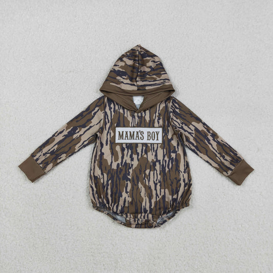 LR2793 Embroidered MAMA'S BOY Army Green Leaf Camouflage Hooded Long-Sleeved Boys Bubble Romper 202511 RTS