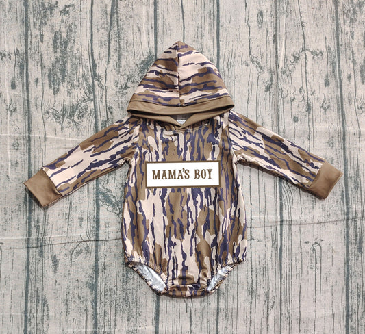 NO MOQ preorder LR2793 Embroidered MAMA'S BOY Army Green Leaf Camouflage Hooded Long-Sleeved Boys Bubble Romper 202510
