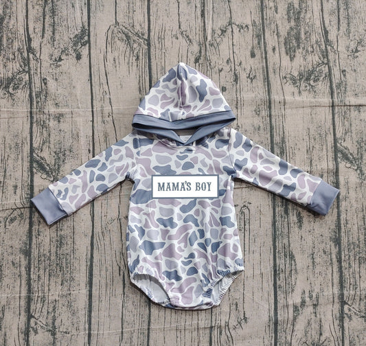 NO MOQ preorder LR2794 Embroidered MAMA'S BOY Gray Blue Camouflage Hooded Long-Sleeved Boys Bubble Romper 202510