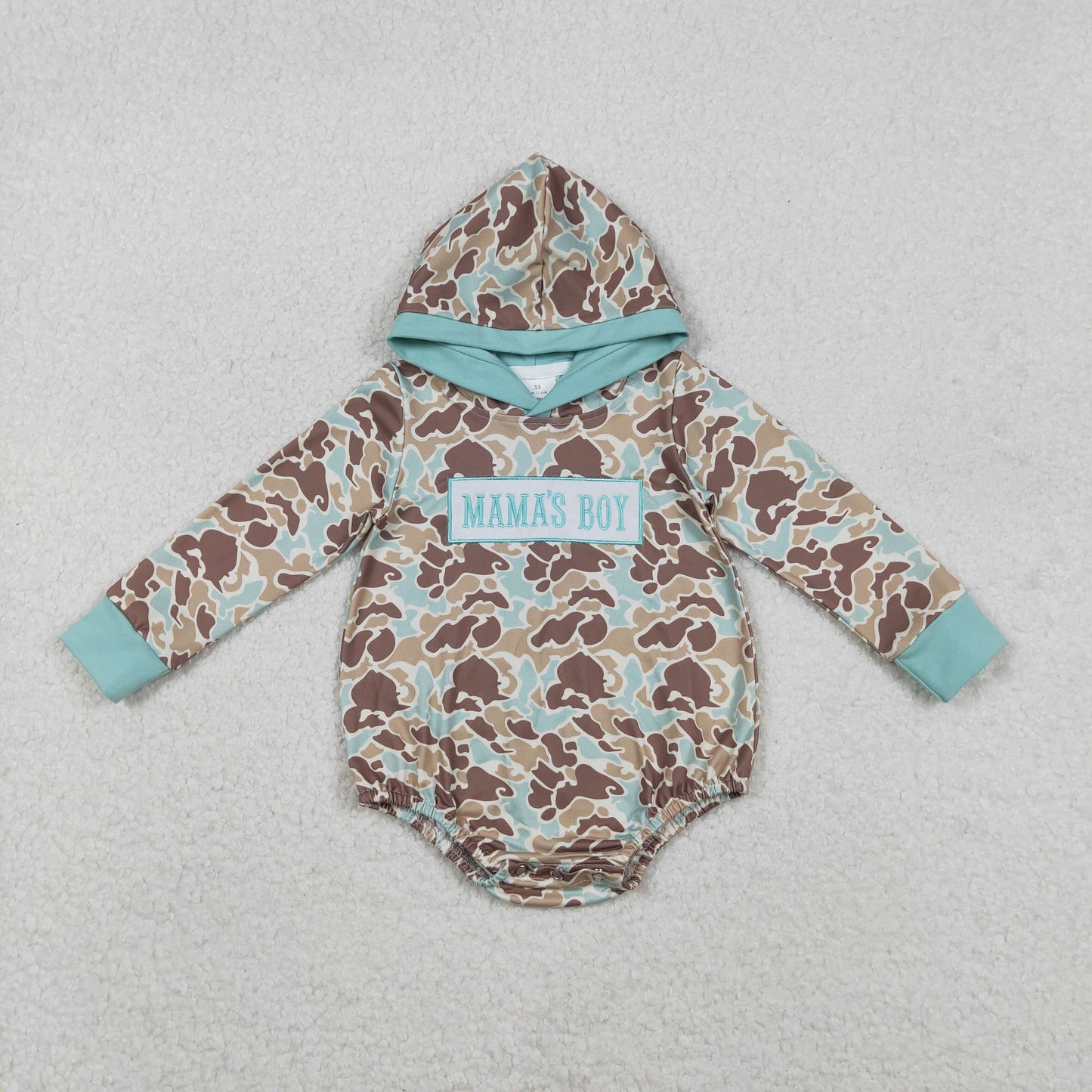 LR2795 Embroidered MAMA'S BOY Green Camouflage Hooded Long-Sleeved Boys Bubble Romper 202511 RTS