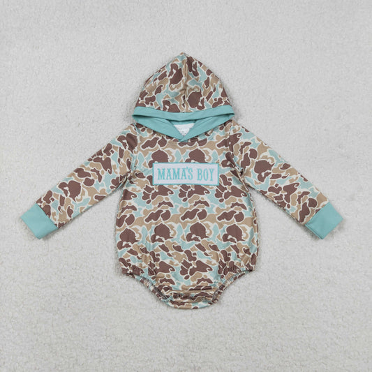 LR2795 Embroidered MAMA'S BOY Green Camouflage Hooded Long-Sleeved Boys Bubble Romper 202511 RTS