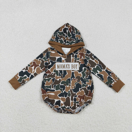 LR2796 Embroidered MAMA'S BOY Brown Green Camouflage Hooded Long-Sleeved Boys Bubble Romper 202511 RTS