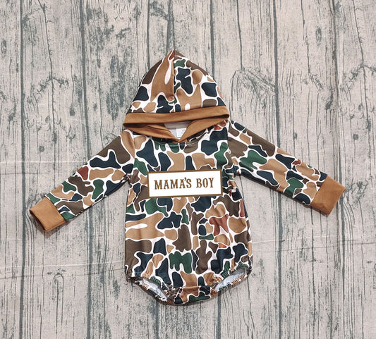 NO MOQ preorder LR2796 Embroidered MAMA'S BOY Brown Green Camouflage Hooded Long-Sleeved Boys Bubble Romper 202510