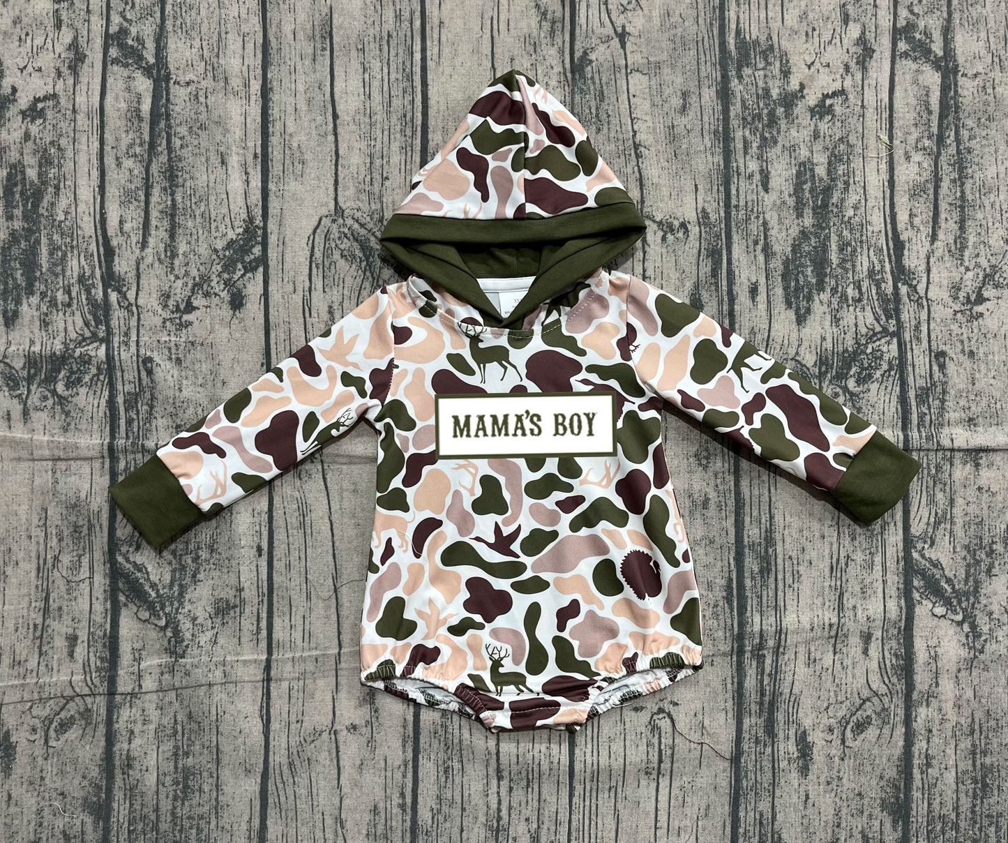 NO MOQ preorder LR2797 Embroidered MAMA'S BOY Deer Hunting Camouflage Army Green Hooded Long-Sleeved Boys Bubble Romper 202510