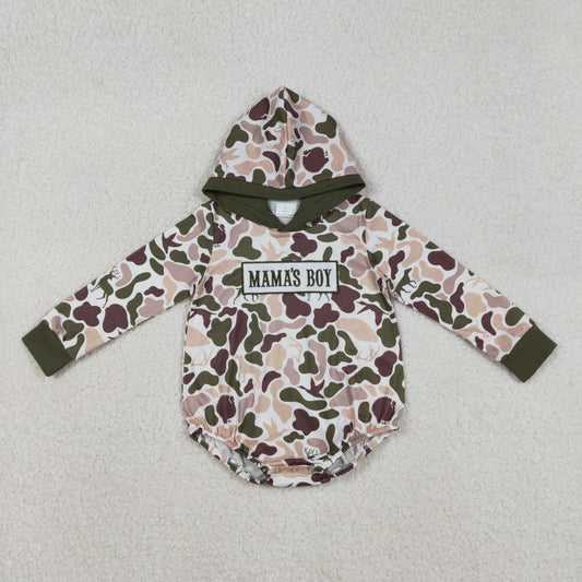 LR2797 Embroidered MAMA'S BOY Deer Hunting Camouflage Army Green Hooded Long-Sleeved Boys Bubble Romper 202512 RTS