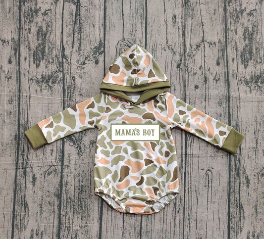 NO MOQ preorder LR2798 Embroidered MAMA'S BOY Yellow Green Camouflage Army Green Hooded Long-Sleeved Boys Bubble Romper 202510