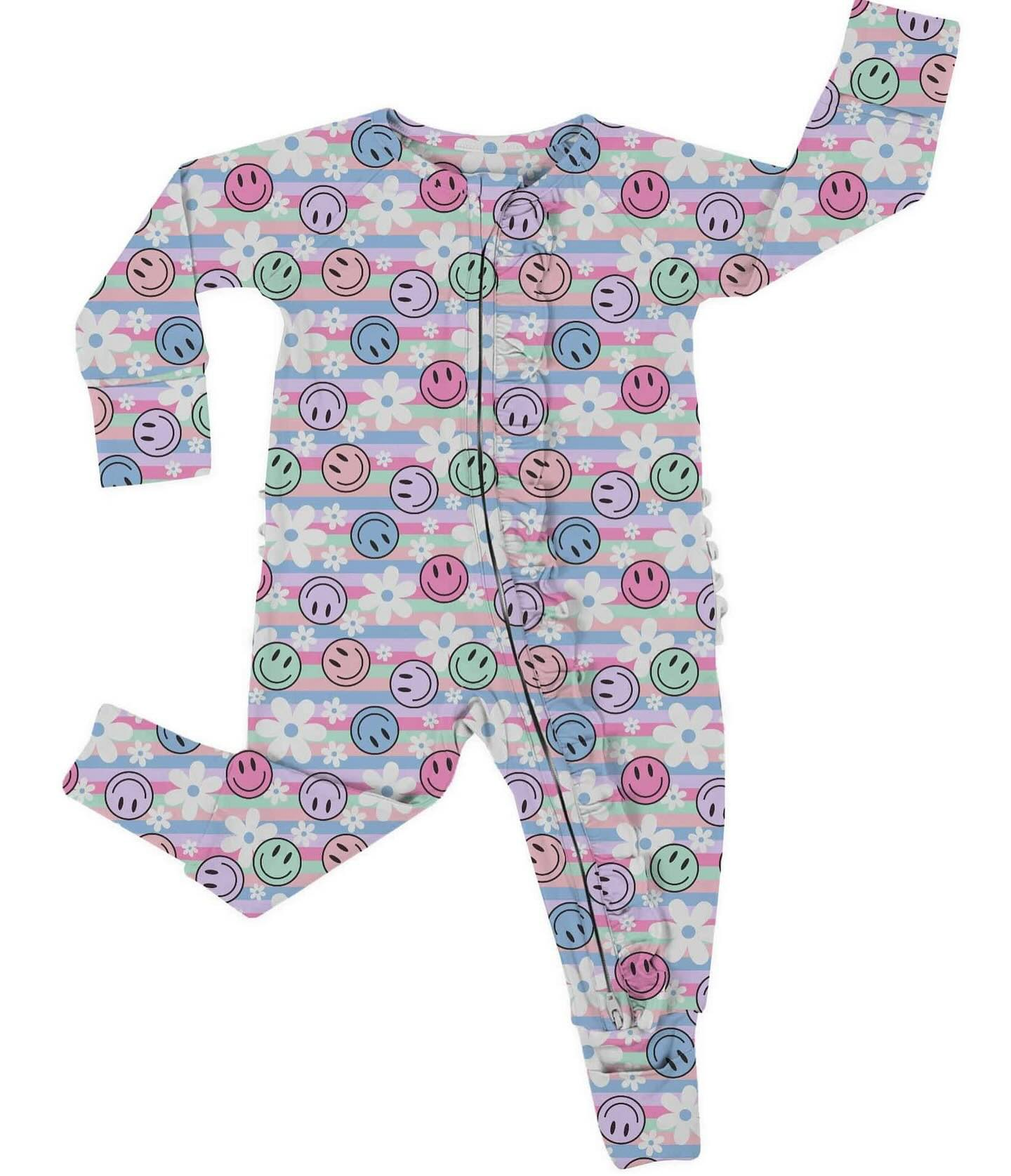 MOQ 5 preorder LR2808 Flower Smile Face Pink Blue Stripe Long-Sleeved Girls Romper 202510