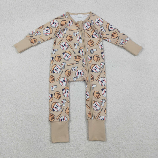 LR2816 Baseball Smile Face Beige Brown Zipper Long-Sleeved Boys Romper 202511 RTS
