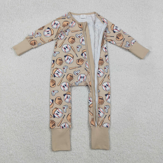 LR2816 Baseball Smile Face Beige Brown Zipper Long-Sleeved Boys Romper 202511 RTS
