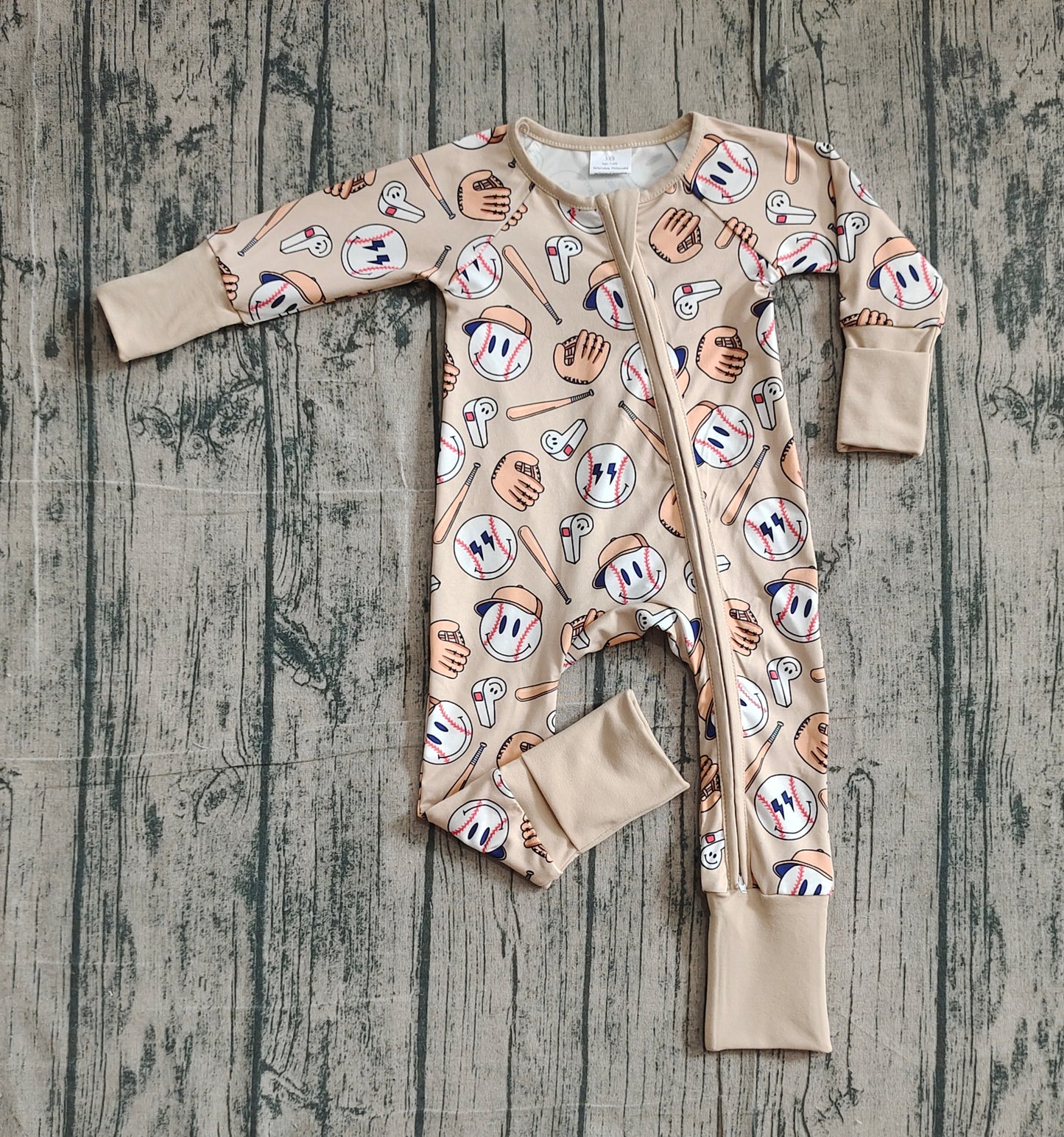 LR2816 Baseball Smile Face Beige Brown Zipper Long-Sleeved Boys Romper 202511 RTS