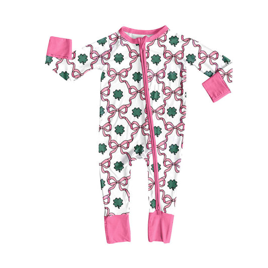 MOQ 5 preorder LR2829 St. Patrick's Day Pink Four-Leaf Clover Bow Zip Long-Sleeved Girls Romper 202510