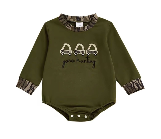 MOQ 5 preorder LR2835 Gone Hunting Car Camouflage Army Green Long-Sleeved Boys Bubble Romper 202510