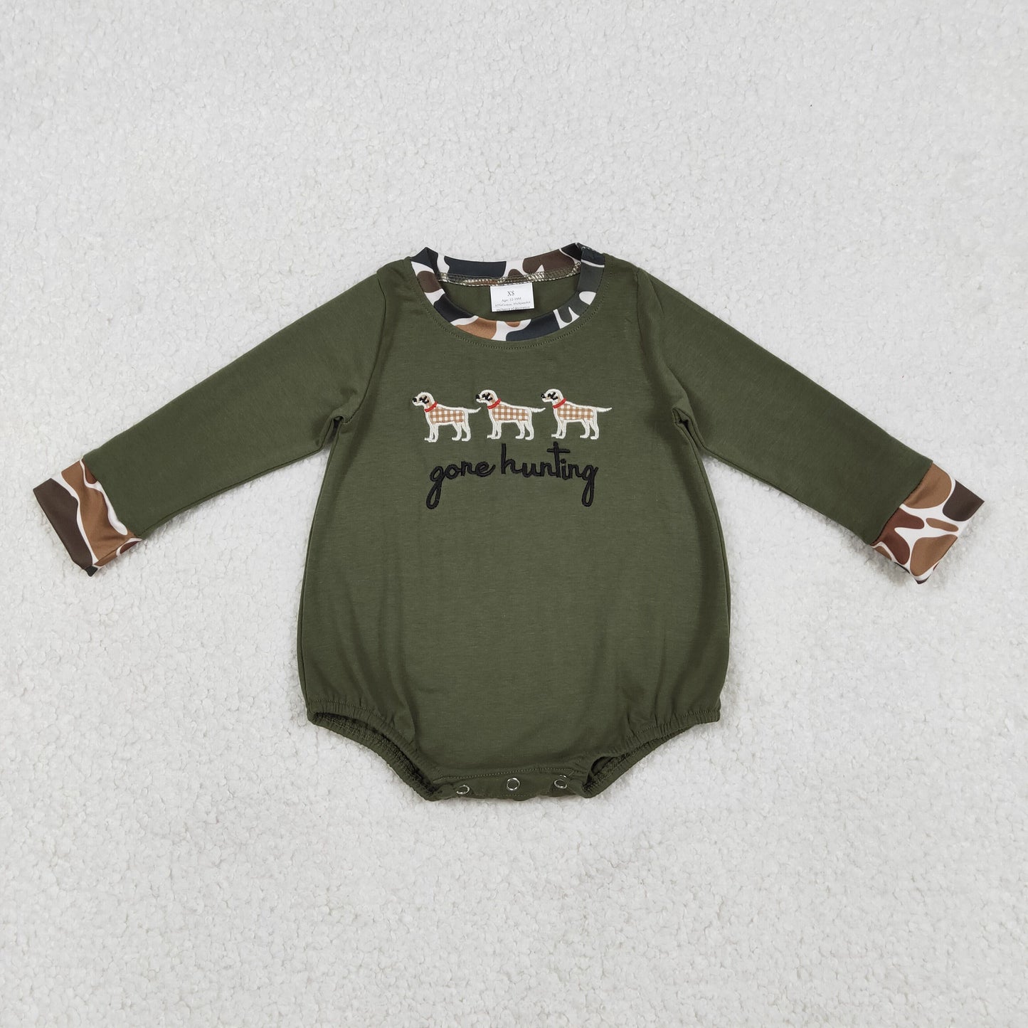 LR2836 Embroidered Gone Hunting Puppy Camouflage Army Green Long-Sleeved Boys Bubble Romper 202512 RTS