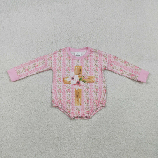 LR2837 Easter Cross Flower Pink Long-Sleeved Girls Bubble Romper 202512 RTS
