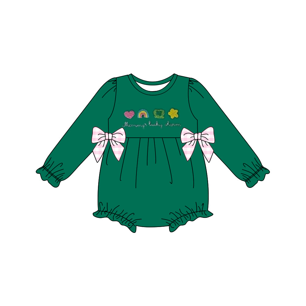 MOQ 5 preorder LR2839 St. Patrick's Day Love Rainbow Four-Leaf Clover Pink Bows Dark Green Long-Sleeved Girls Bubble Romper 202510