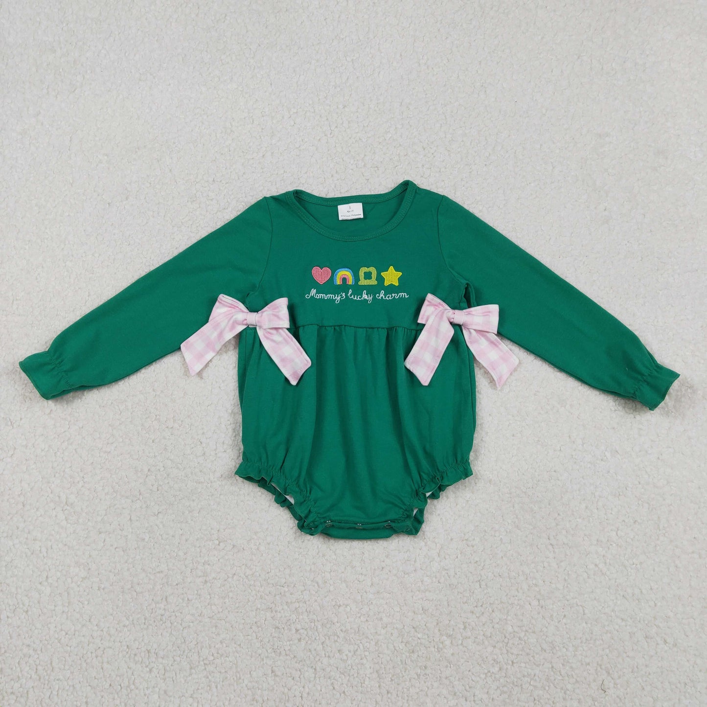 LR2839 St. Patrick's Day Love Rainbow Four-Leaf Clover Pink Bows Dark Green Long-Sleeved Girls Bubble Romper 202512 RTS