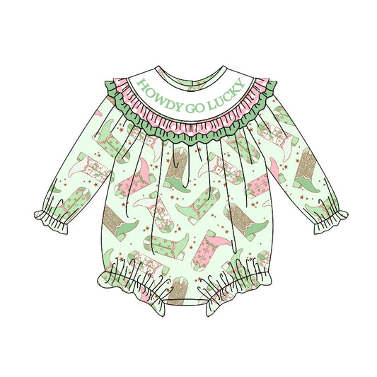 MOQ 5 preorder LR2840 Howdy Go Lucky Boots Polka Dot Green Ruffle Long-Sleeved Girls Bubble Romper 202510