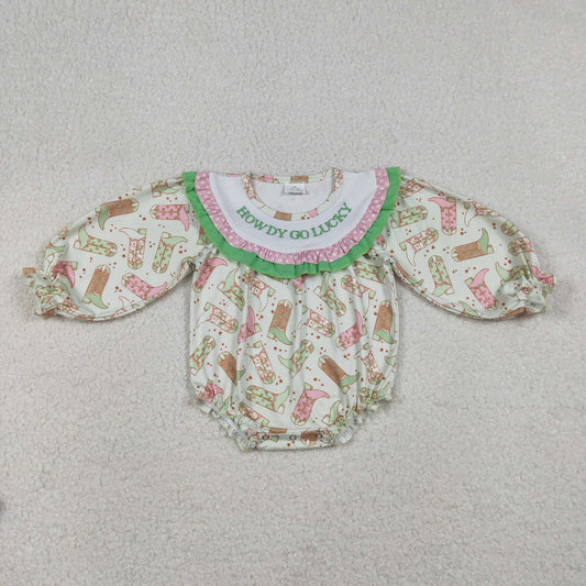 LR2840 Embroidered Howdy Go Lucky Boots Polka Dot Green Ruffle Long-Sleeved Girls Bubble Romper 202512 RTS