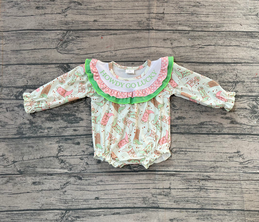 NO MOQ preorder LR2840 Embroidered Howdy Go Lucky Boots Polka Dot Green Ruffle Long-Sleeved Girls Bubble Romper 202511