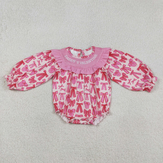LR2842 Smocked Valentines Day Bows Rose Red Ruffle Long-Sleeved Girls Bubble Romper 202512 RTS