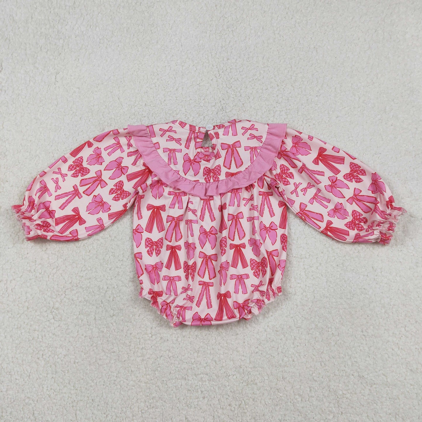 LR2842 Smocked Valentines Day Bows Rose Red Ruffle Long-Sleeved Girls Bubble Romper 202512 RTS