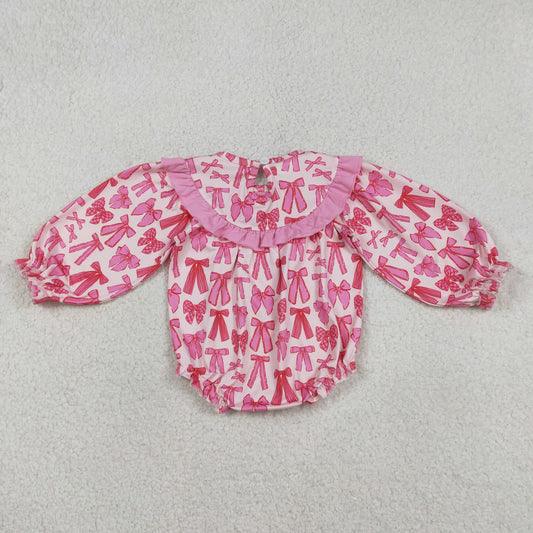 LR2842 Smocked Valentines Day Bows Rose Red Ruffle Long-Sleeved Girls Bubble Romper 202512 RTS
