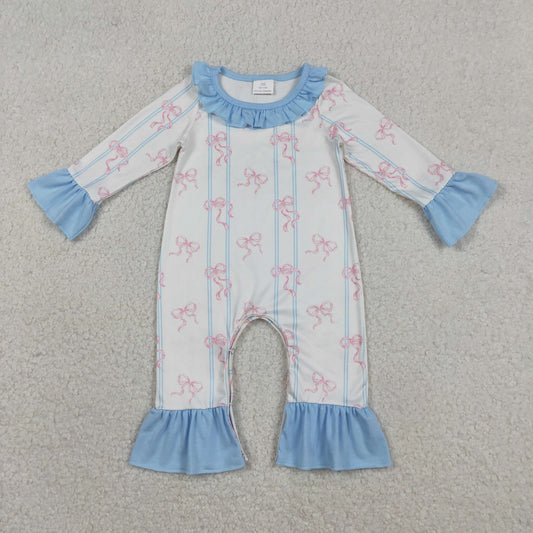 LR2845 Pink Bows Blue Ruffle Long-Sleeved Girls Romper 202512 RTS