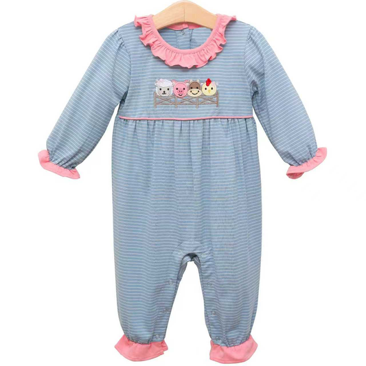 MOQ 5 preorder LR2849 Farm Animals Blue Stripe Pink Ruffle Long-Sleeved Girls Romper 202510