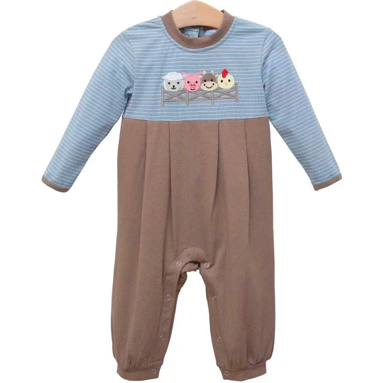 MOQ 5 preorder LR2850 Farm Animals Blue Stripe Long-Sleeved Brown Boys Romper 202510