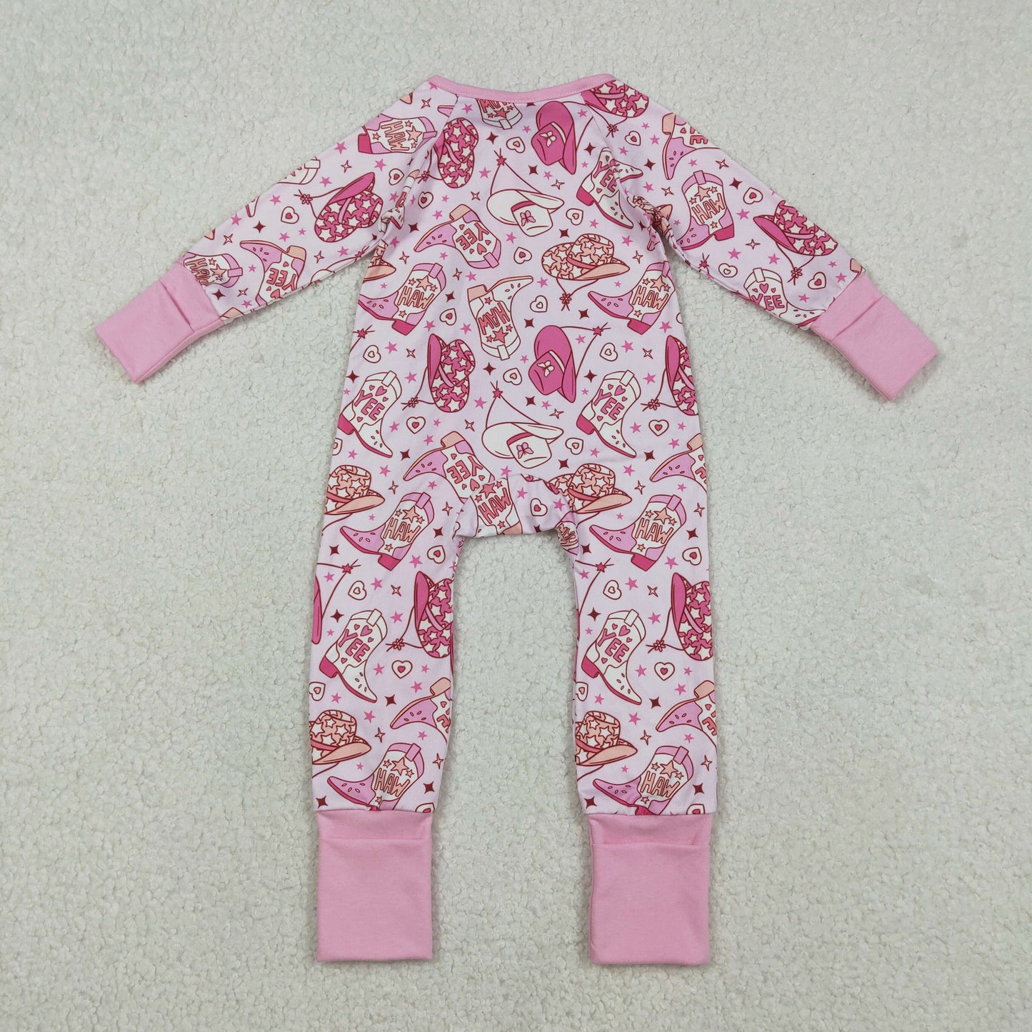 LR2855 Yeehaw Cowgirl Hat Boots Star Pink Zipper Long-Sleeved Girls Romper 202512 RTS