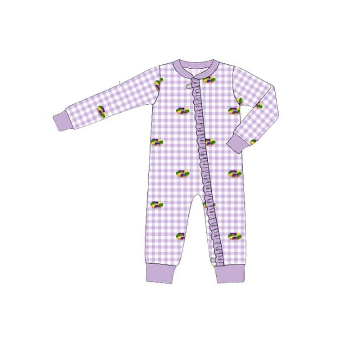 MOQ 5 preorder LR2867 Mardi Gras Donut Purple Plaid Ruffle Zipper Long-Sleeved Girls Romper 202510 Sibling