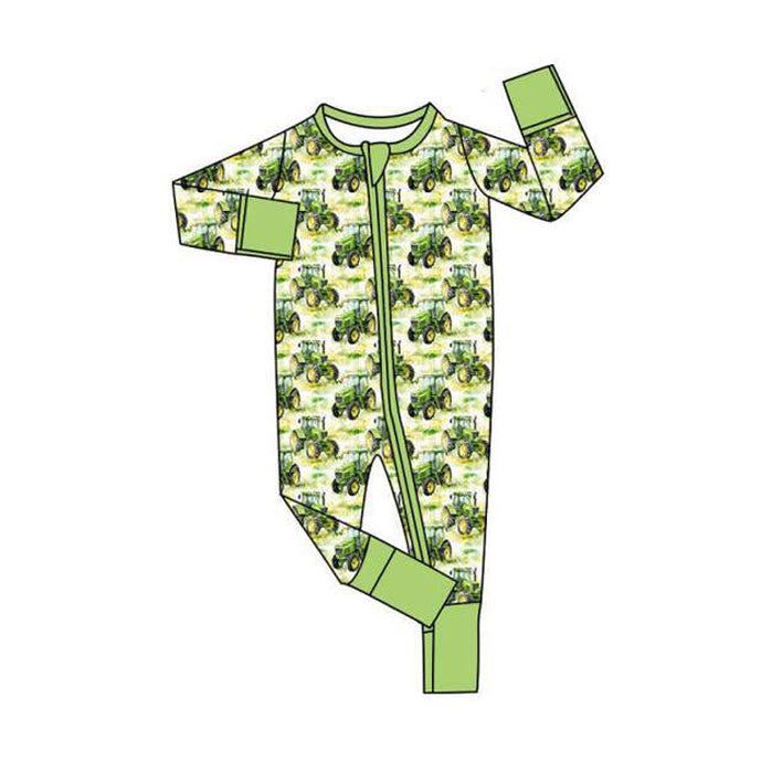 MOQ 5 PCS preorder LR2870 Farm Trucks Green Zipper Long-Sleeved Boys Romper 202511 Sibling