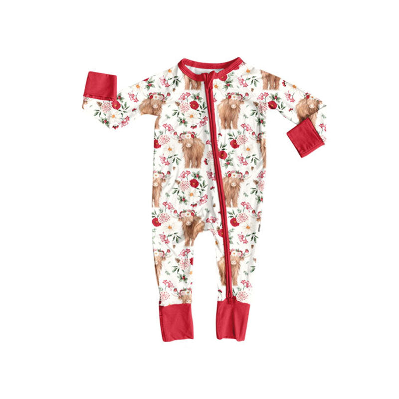 MOQ 5 PCS preorder LR2881 Hiighland Cow Flower Red Zip Long-Sleeved Girls Romper 202511
