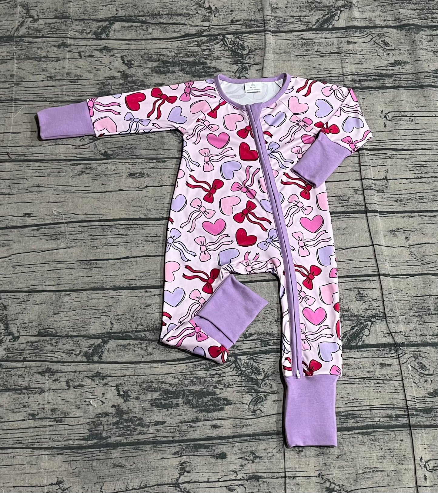 LR2883 Valentines Day Love Bows Purple Zip Long-Sleeved Girls Romper 202512 RTS