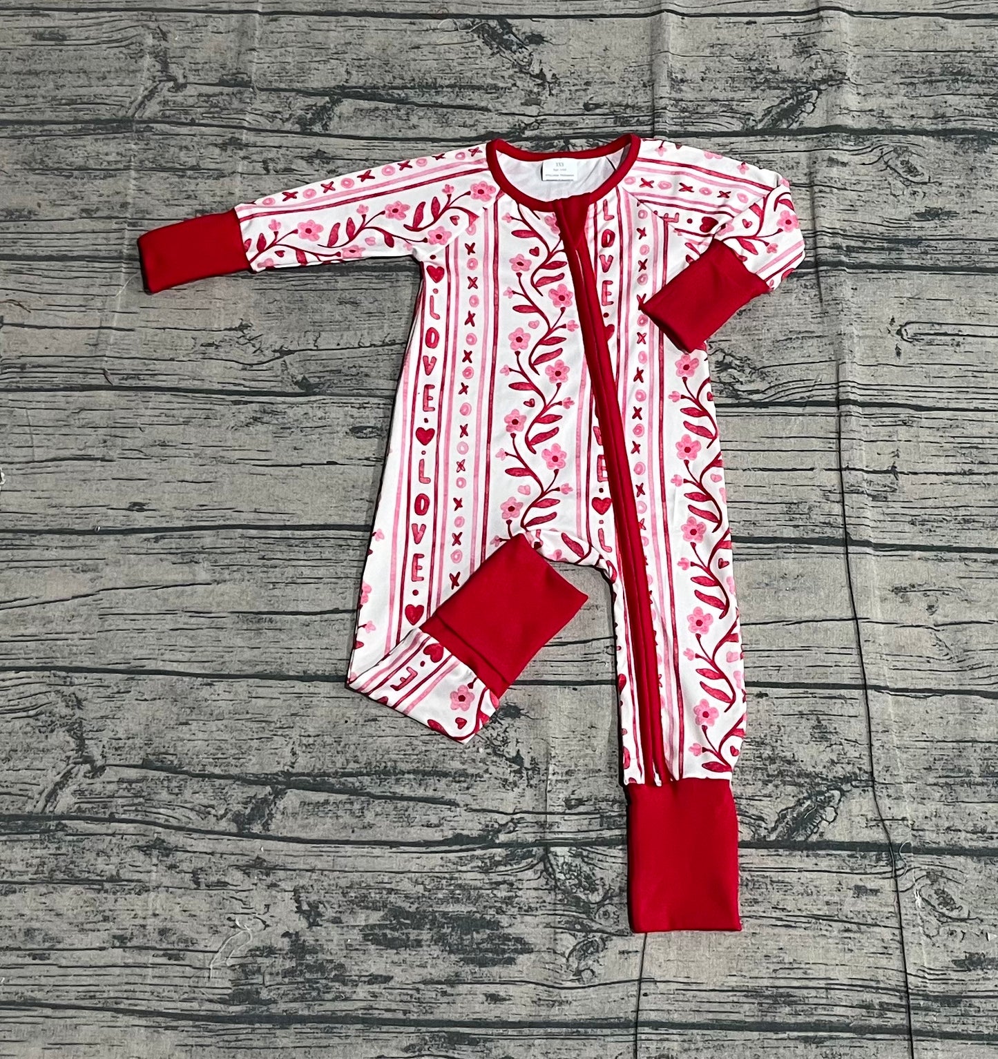 LR2884 Valentines Day XO Love Flower Red Zip Long-Sleeved Girls Romper 202512 RTS