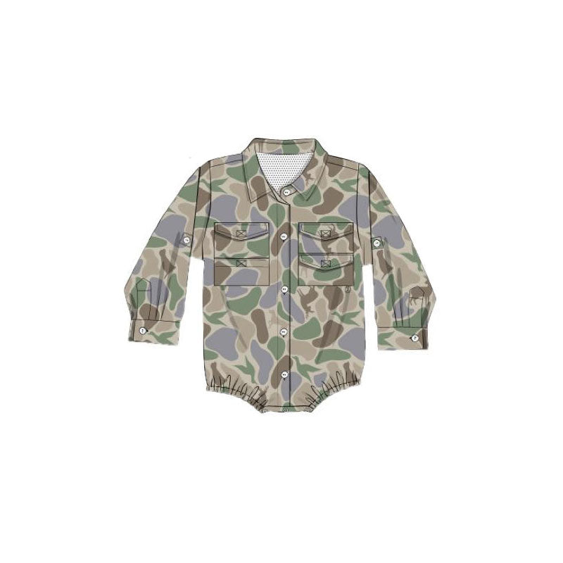 MOQ 5 PCS preorder LR2887 Duck Deer Puppy Camouflage Pocket Button Long-Sleeved Boys Bubble Romper 202511